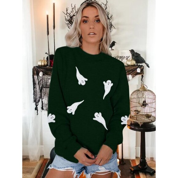 Women Ghost Sequin Halloween Sweatshirt Long Sleeve Casual Top - Picture 2 of 5